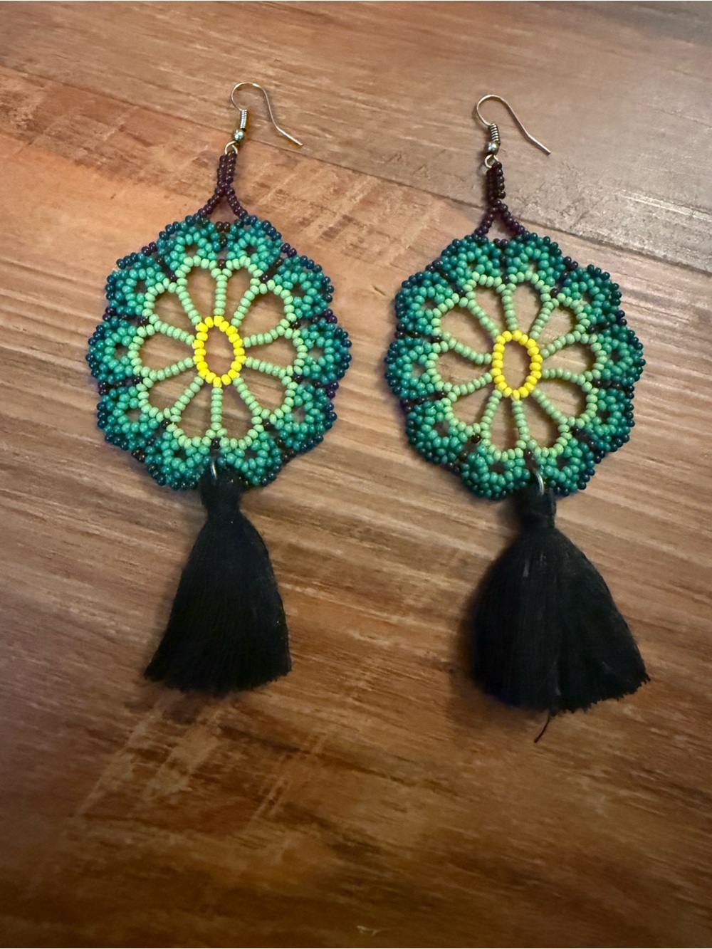 MEXICANA Green Yellow Black Beaded Floral Tassel Earrings
